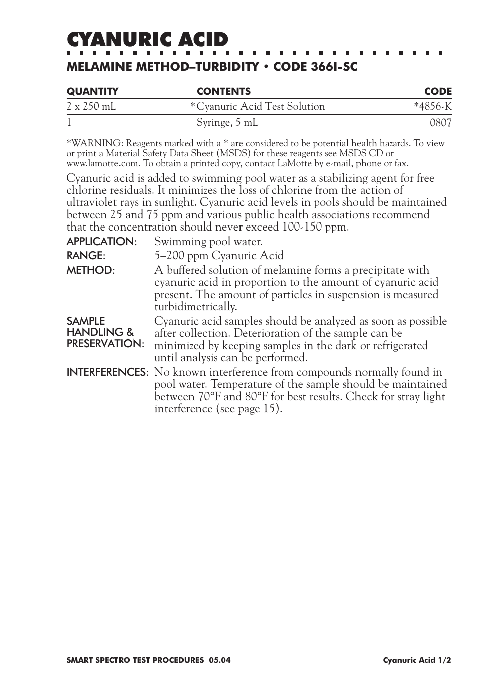 Cyanuric acid | LaMotte SMART Spectro Spectrophotometer User Manual | Page 132 / 237