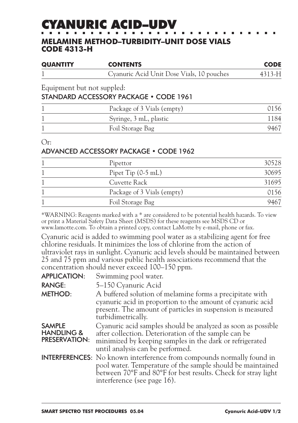 Cyanuric acid–udv | LaMotte SMART Spectro Spectrophotometer User Manual | Page 134 / 237