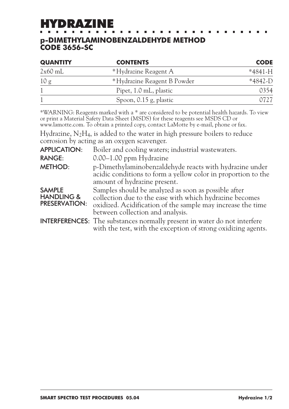 Hydrazine | LaMotte SMART Spectro Spectrophotometer User Manual | Page 144 / 237