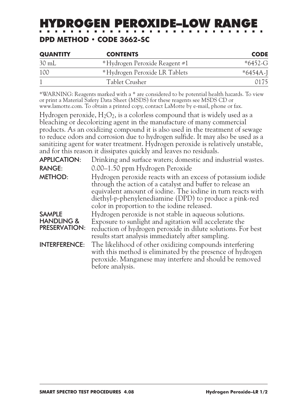 Hydrogen peroxide–low range | LaMotte SMART Spectro Spectrophotometer User Manual | Page 146 / 237