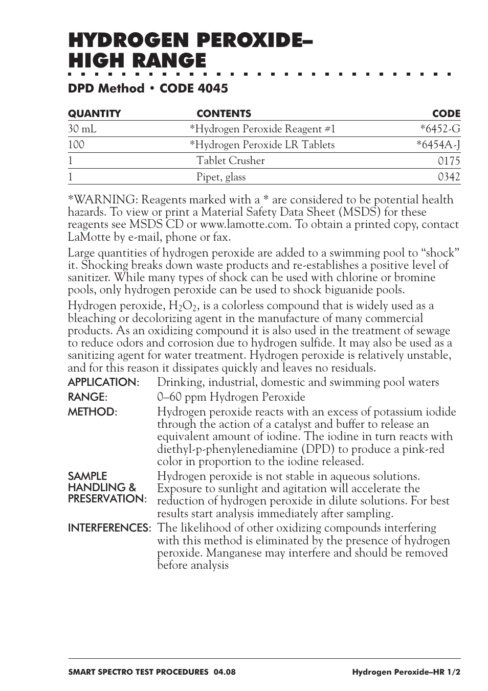 Hydrogen peroxide– high range | LaMotte SMART Spectro Spectrophotometer User Manual | Page 148 / 237