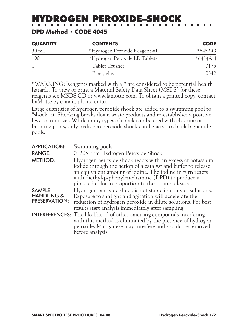 Hydrogen peroxide–shock | LaMotte SMART Spectro Spectrophotometer User Manual | Page 150 / 237