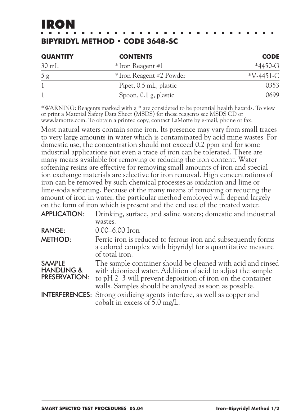 Iron | LaMotte SMART Spectro Spectrophotometer User Manual | Page 152 / 237