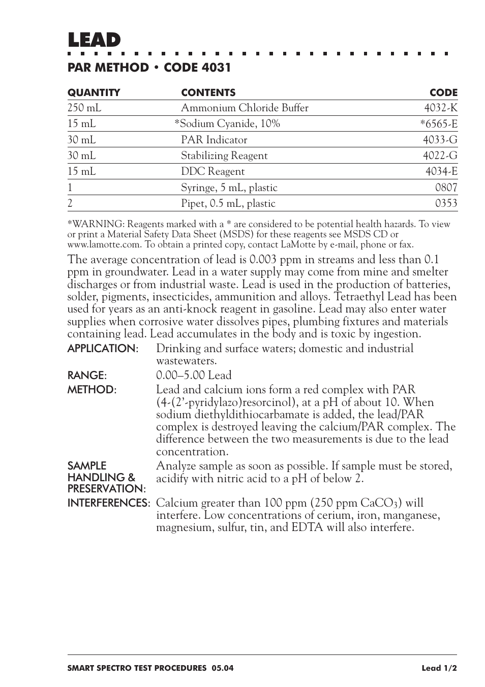 Lead | LaMotte SMART Spectro Spectrophotometer User Manual | Page 158 / 237