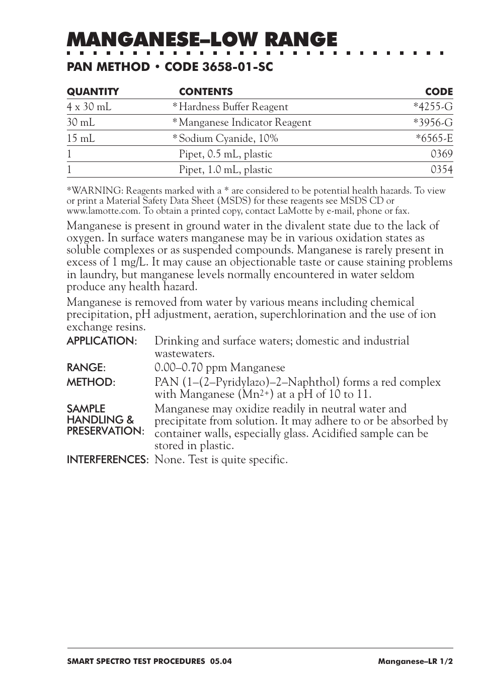 Manganese–low range | LaMotte SMART Spectro Spectrophotometer User Manual | Page 160 / 237