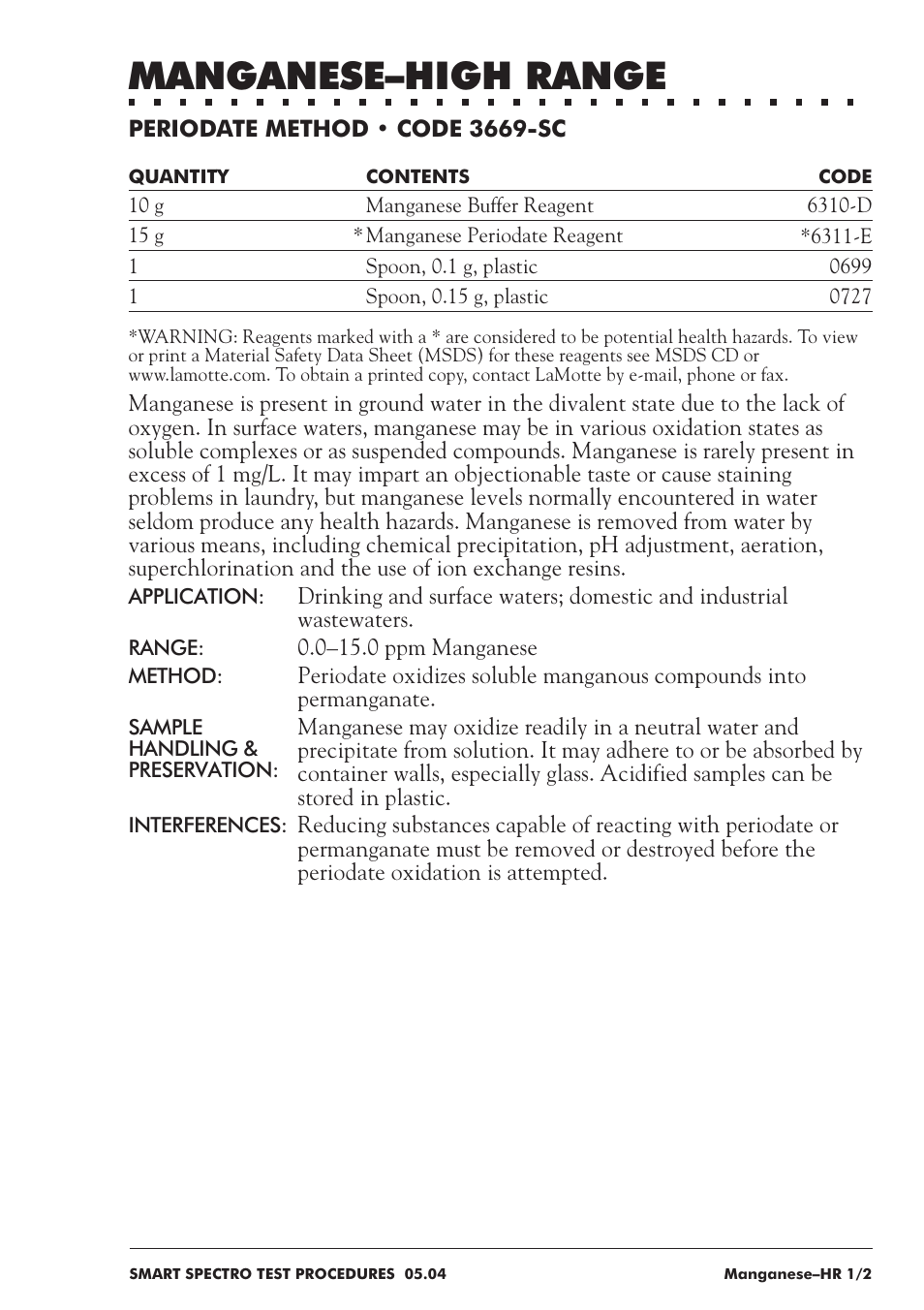 Manganese–high range | LaMotte SMART Spectro Spectrophotometer User Manual | Page 162 / 237