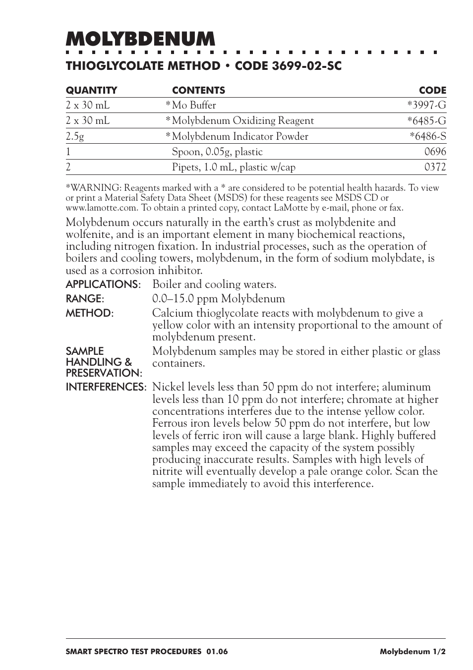 Molybdenum | LaMotte SMART Spectro Spectrophotometer User Manual | Page 166 / 237