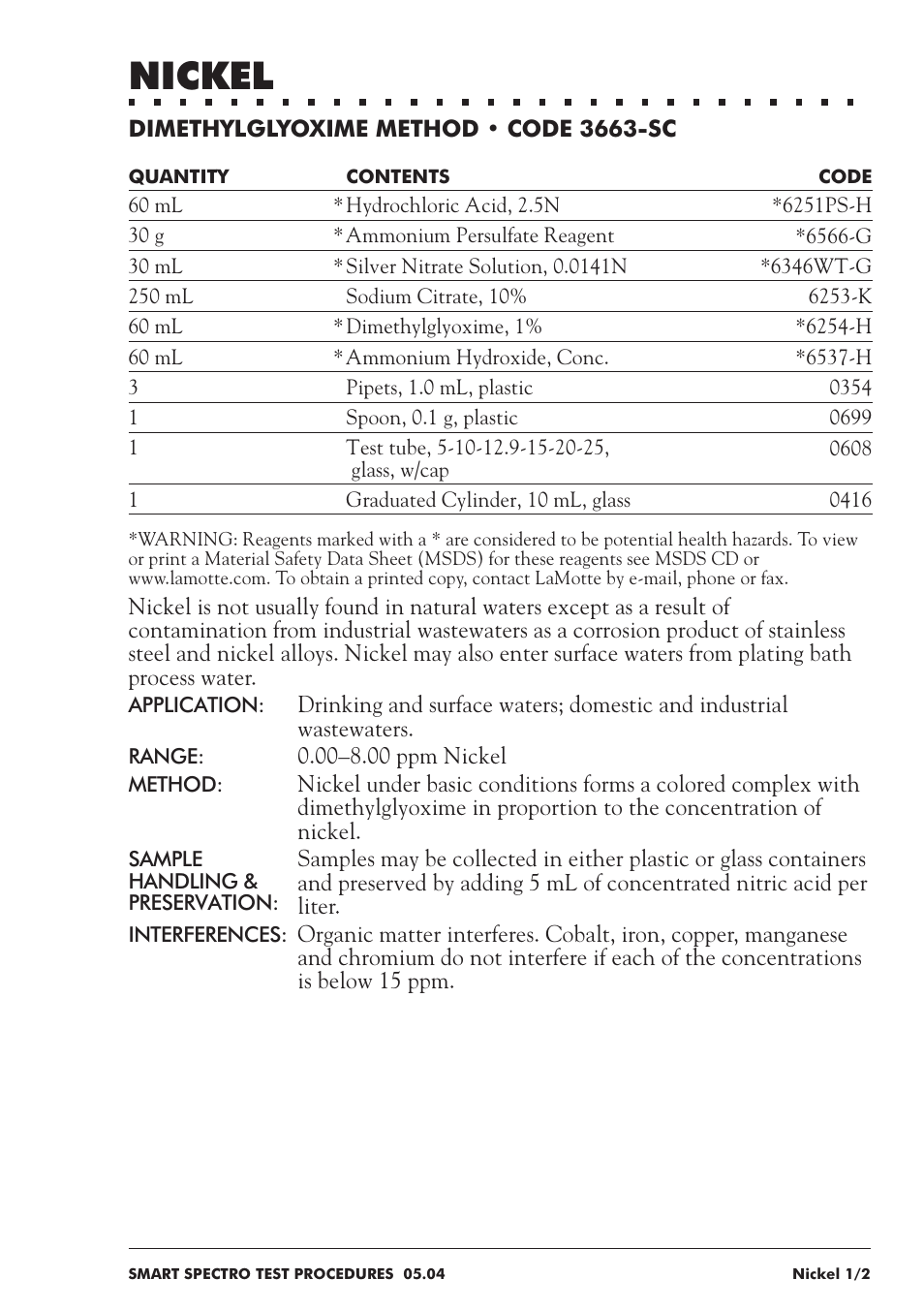 Nickel | LaMotte SMART Spectro Spectrophotometer User Manual | Page 168 / 237