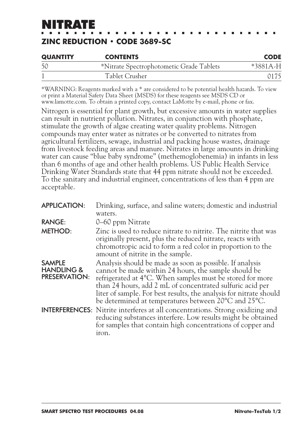 Nitrate | LaMotte SMART Spectro Spectrophotometer User Manual | Page 170 / 237