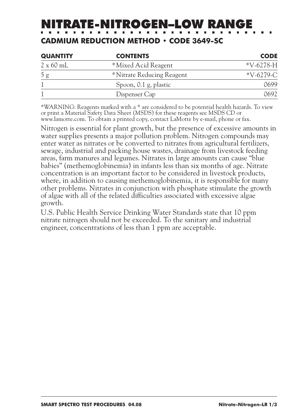 Nitrate-nitrogen–low range | LaMotte SMART Spectro Spectrophotometer User Manual | Page 172 / 237