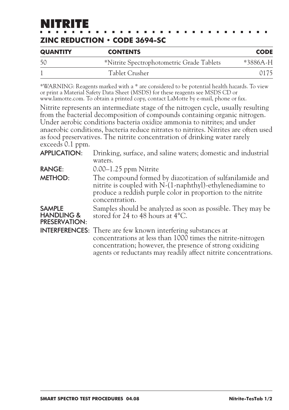 Nitrite | LaMotte SMART Spectro Spectrophotometer User Manual | Page 176 / 237