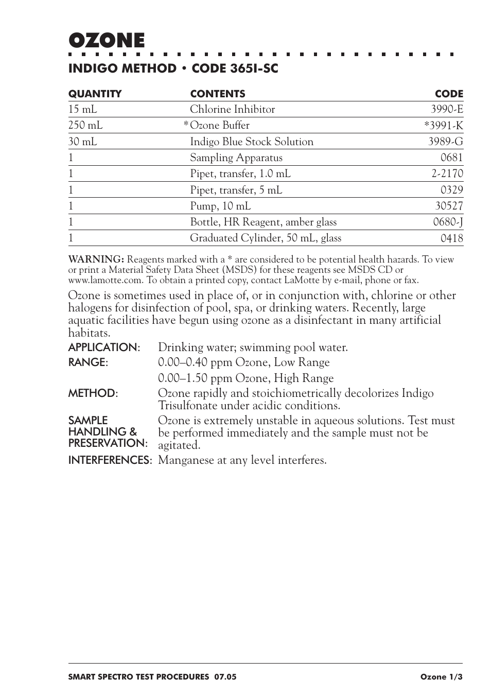 Ozone | LaMotte SMART Spectro Spectrophotometer User Manual | Page 190 / 237