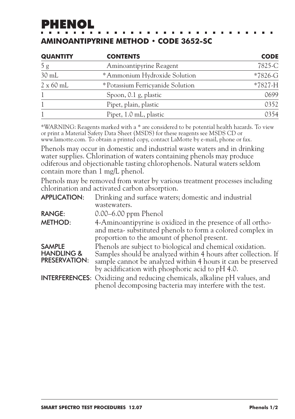 Phenol | LaMotte SMART Spectro Spectrophotometer User Manual | Page 196 / 237