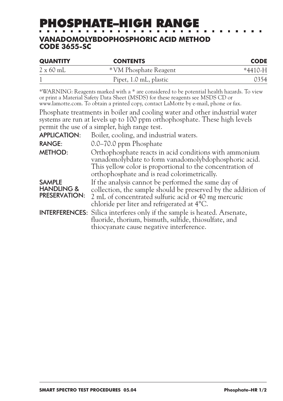 Phosphate–high range | LaMotte SMART Spectro Spectrophotometer User Manual | Page 202 / 237