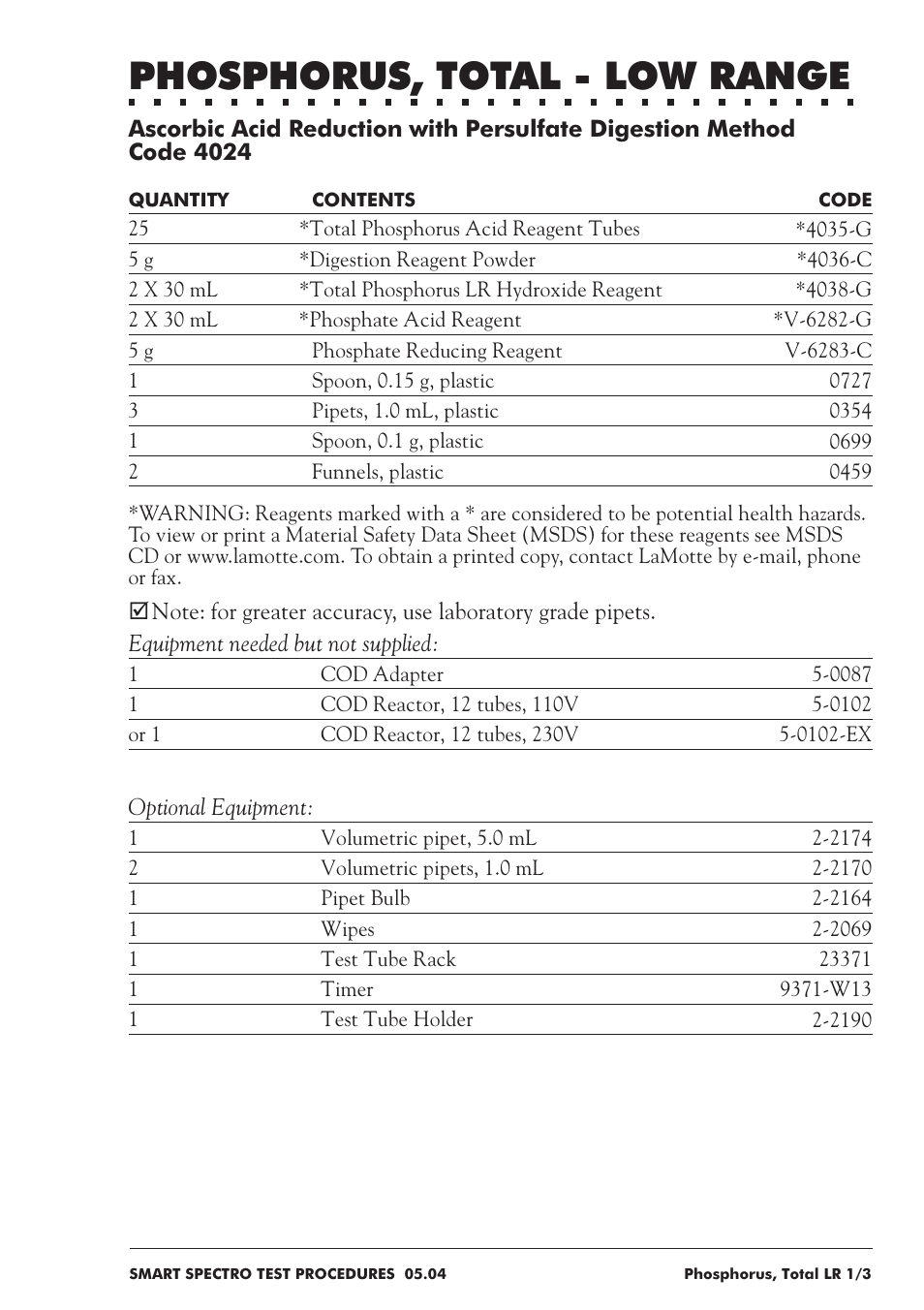Phosphorus, total - low range | LaMotte SMART Spectro Spectrophotometer User Manual | Page 204 / 237