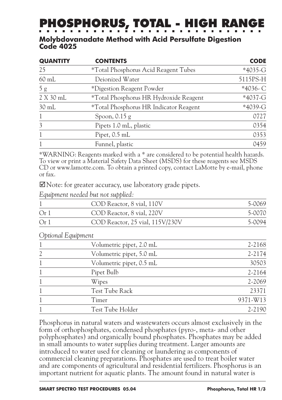 Phosphorus, total - high range | LaMotte SMART Spectro Spectrophotometer User Manual | Page 208 / 237