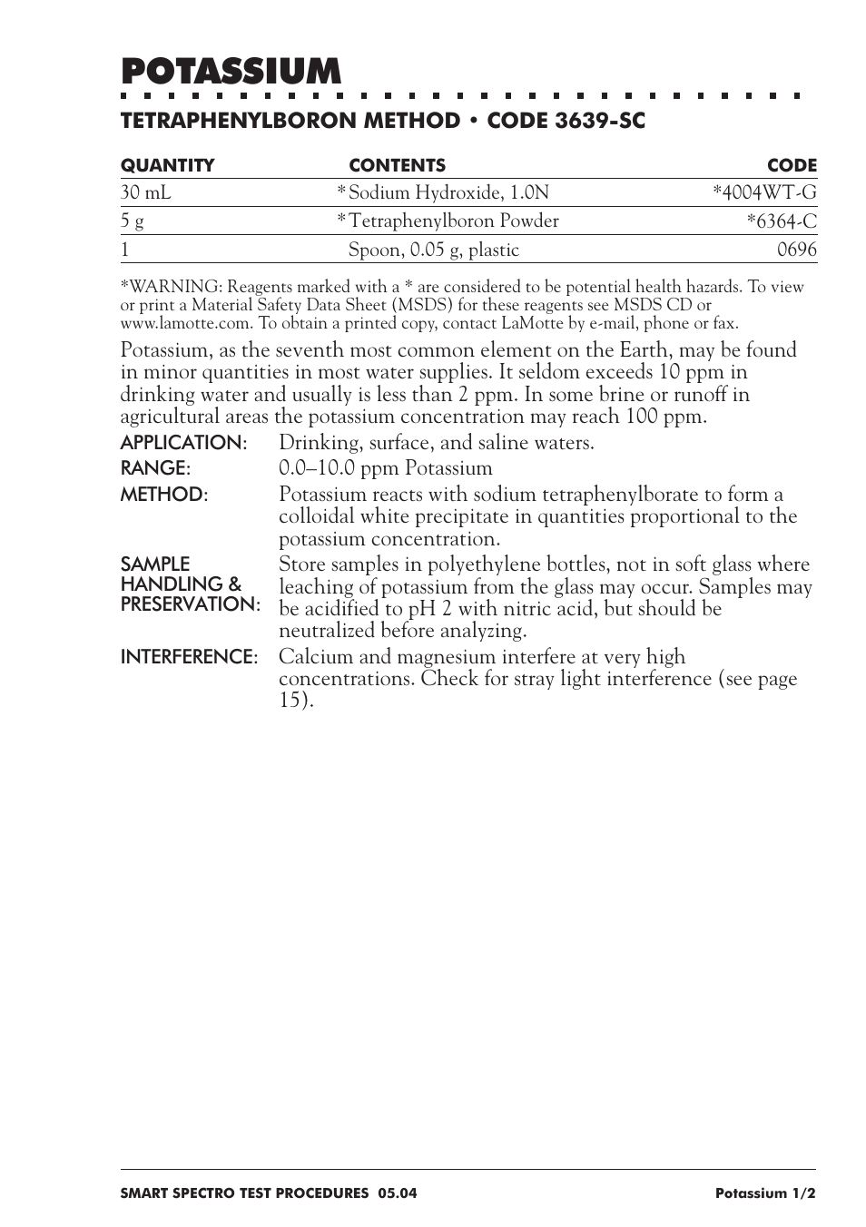 Potassium | LaMotte SMART Spectro Spectrophotometer User Manual | Page 212 / 237