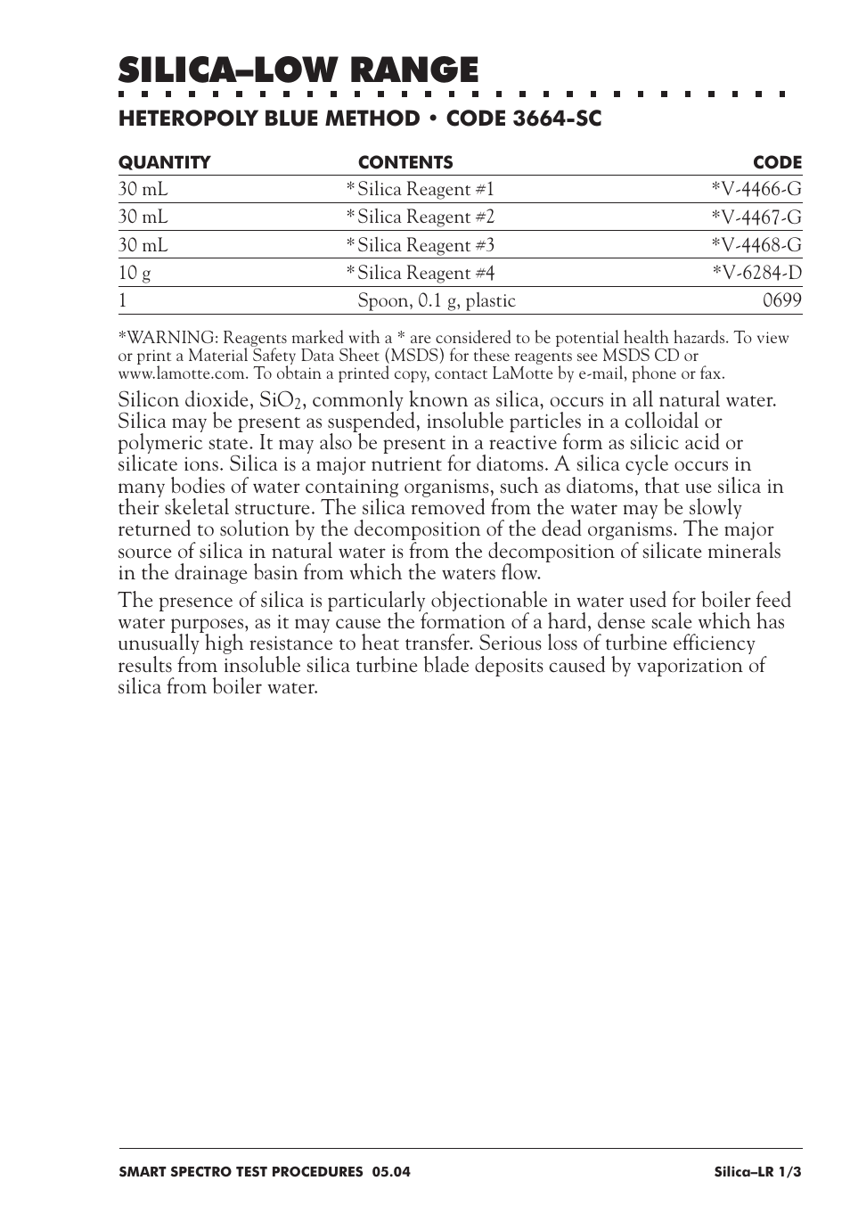 Silica–low range | LaMotte SMART Spectro Spectrophotometer User Manual | Page 214 / 237