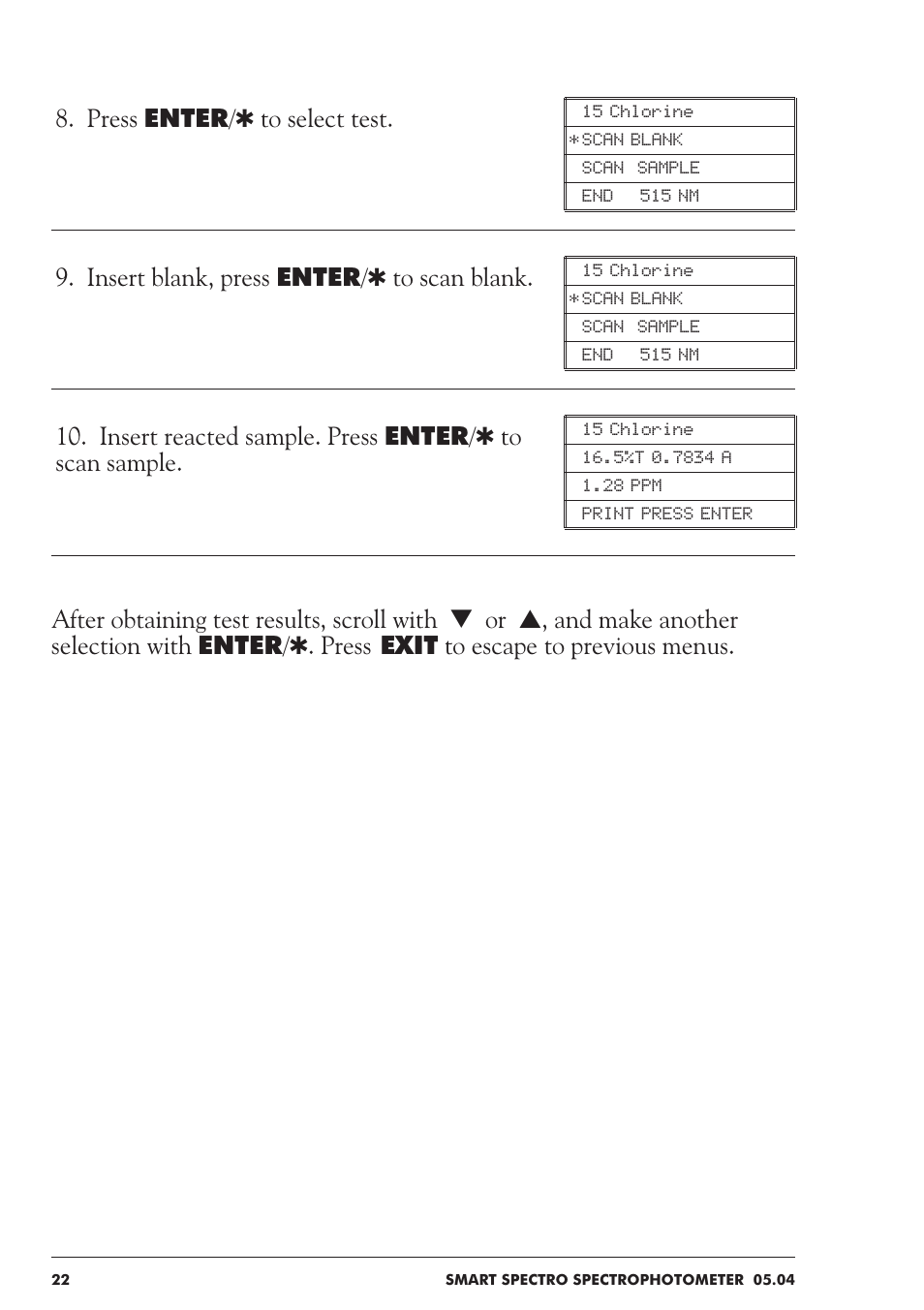 Press enter/q to select test, Insert blank, press enter/q to scan blank | LaMotte SMART Spectro Spectrophotometer User Manual | Page 22 / 237