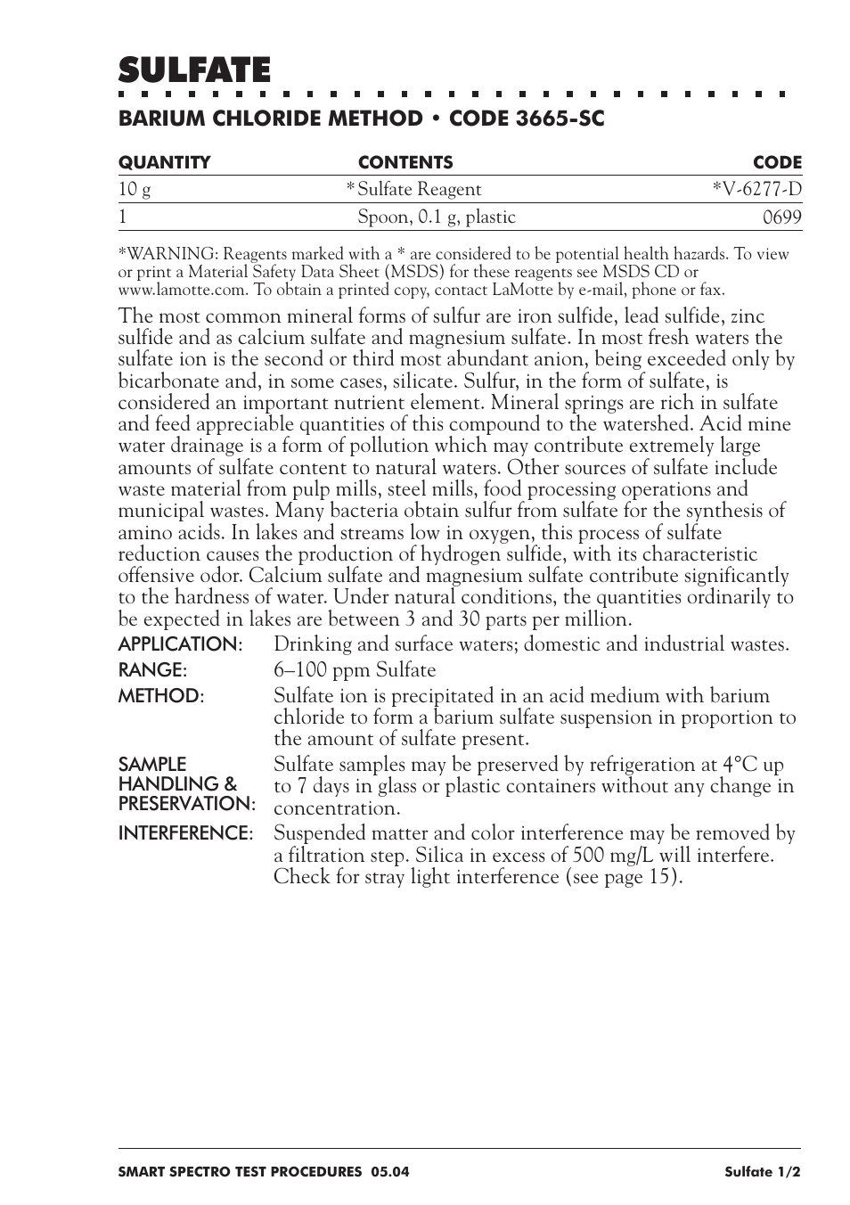 Sulfate | LaMotte SMART Spectro Spectrophotometer User Manual | Page 220 / 237