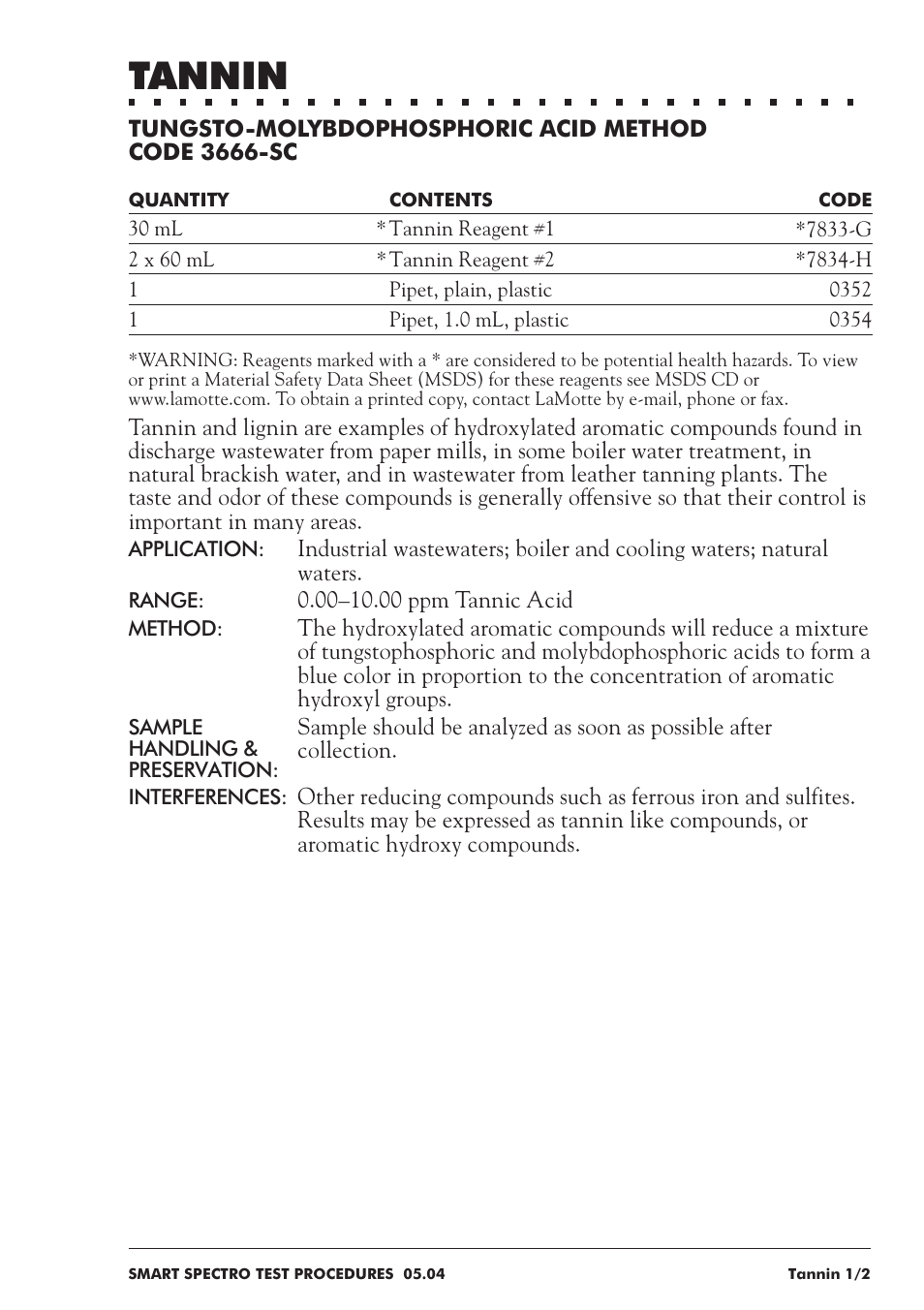 Tannin | LaMotte SMART Spectro Spectrophotometer User Manual | Page 226 / 237