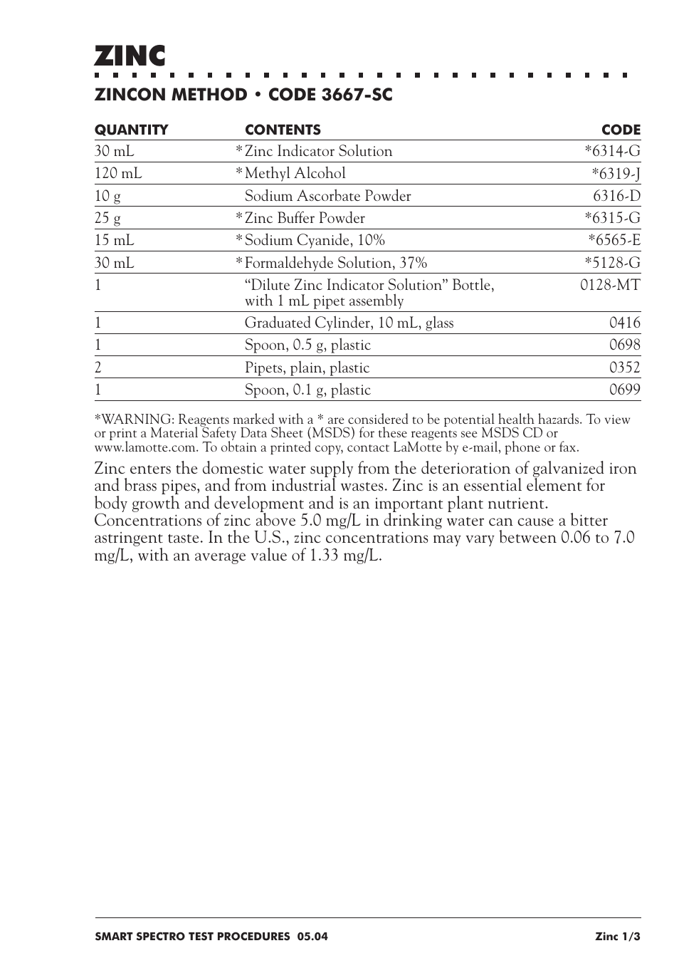 Zinc | LaMotte SMART Spectro Spectrophotometer User Manual | Page 230 / 237