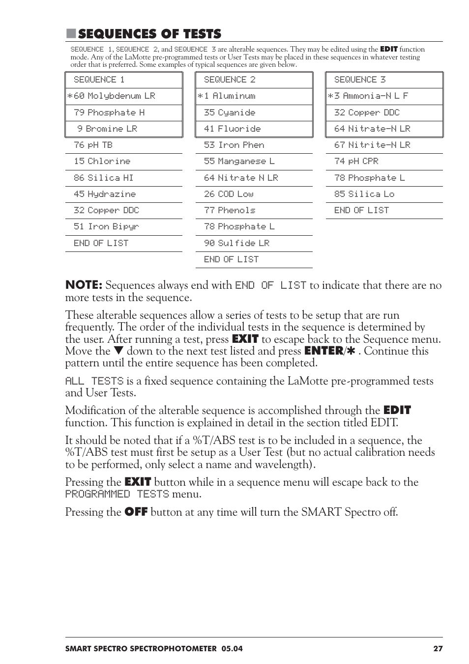 Sequences of tests | LaMotte SMART Spectro Spectrophotometer User Manual | Page 27 / 237