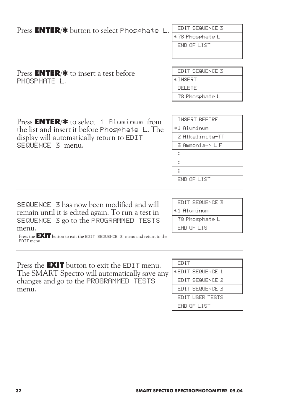 Press enter/q button to select phosphate l, Press enter/q to insert a test before phosphate l | LaMotte SMART Spectro Spectrophotometer User Manual | Page 32 / 237