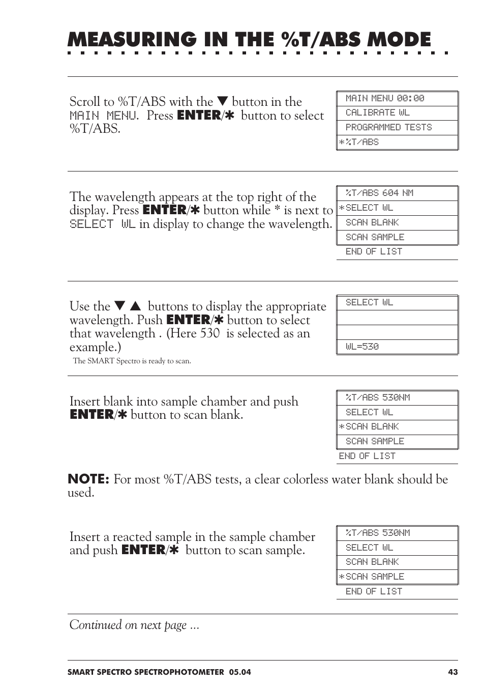 Measuring in the %t/abs mode, Continued on next page | LaMotte SMART Spectro Spectrophotometer User Manual | Page 43 / 237