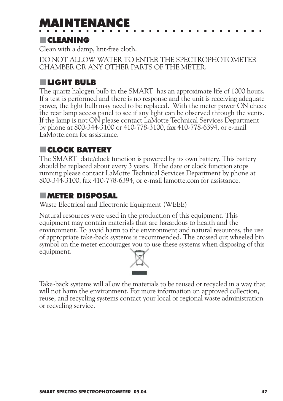 Maintenance | LaMotte SMART Spectro Spectrophotometer User Manual | Page 47 / 237