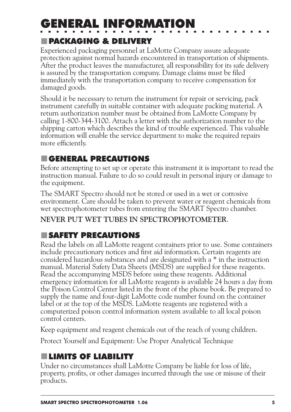 General information | LaMotte SMART Spectro Spectrophotometer User Manual | Page 5 / 237