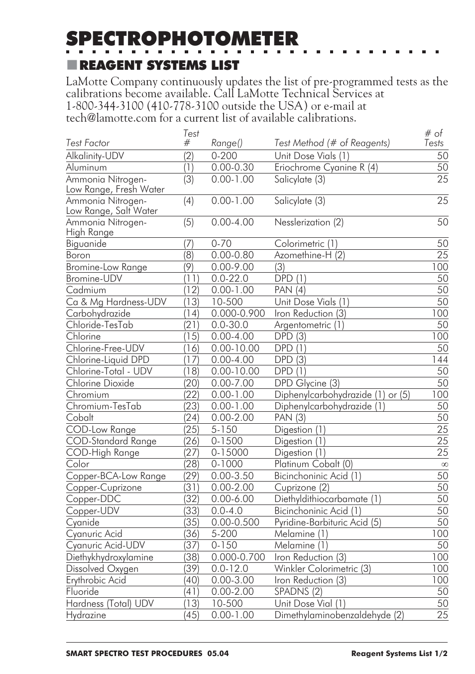 Spectrophotometer, Reagent systems list | LaMotte SMART Spectro Spectrophotometer User Manual | Page 52 / 237