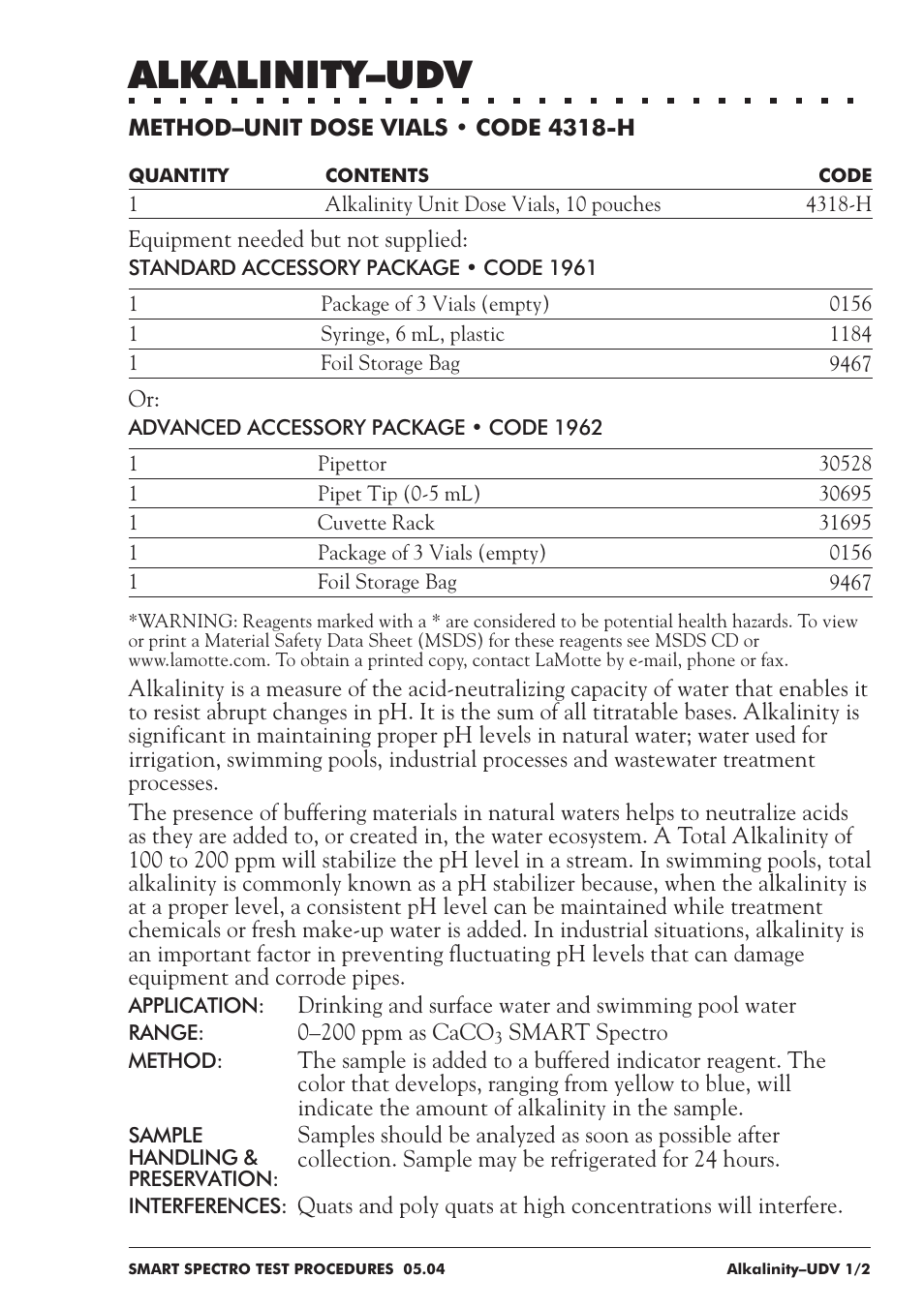 Alkalinity–udv | LaMotte SMART Spectro Spectrophotometer User Manual | Page 54 / 237