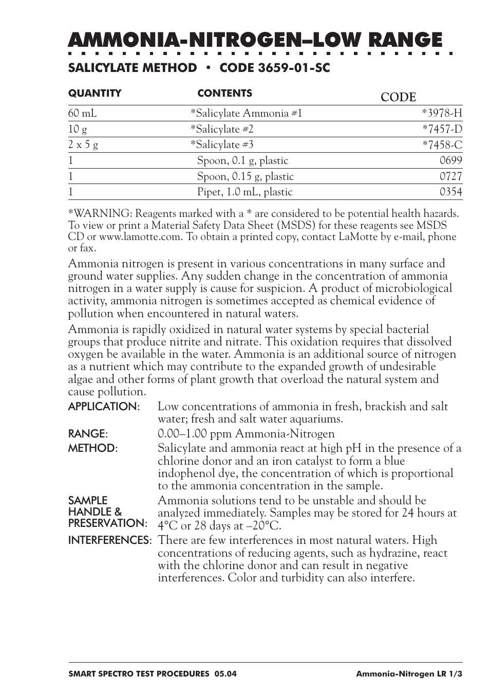 Ammonia-nitrogen–low range | LaMotte SMART Spectro Spectrophotometer User Manual | Page 58 / 237