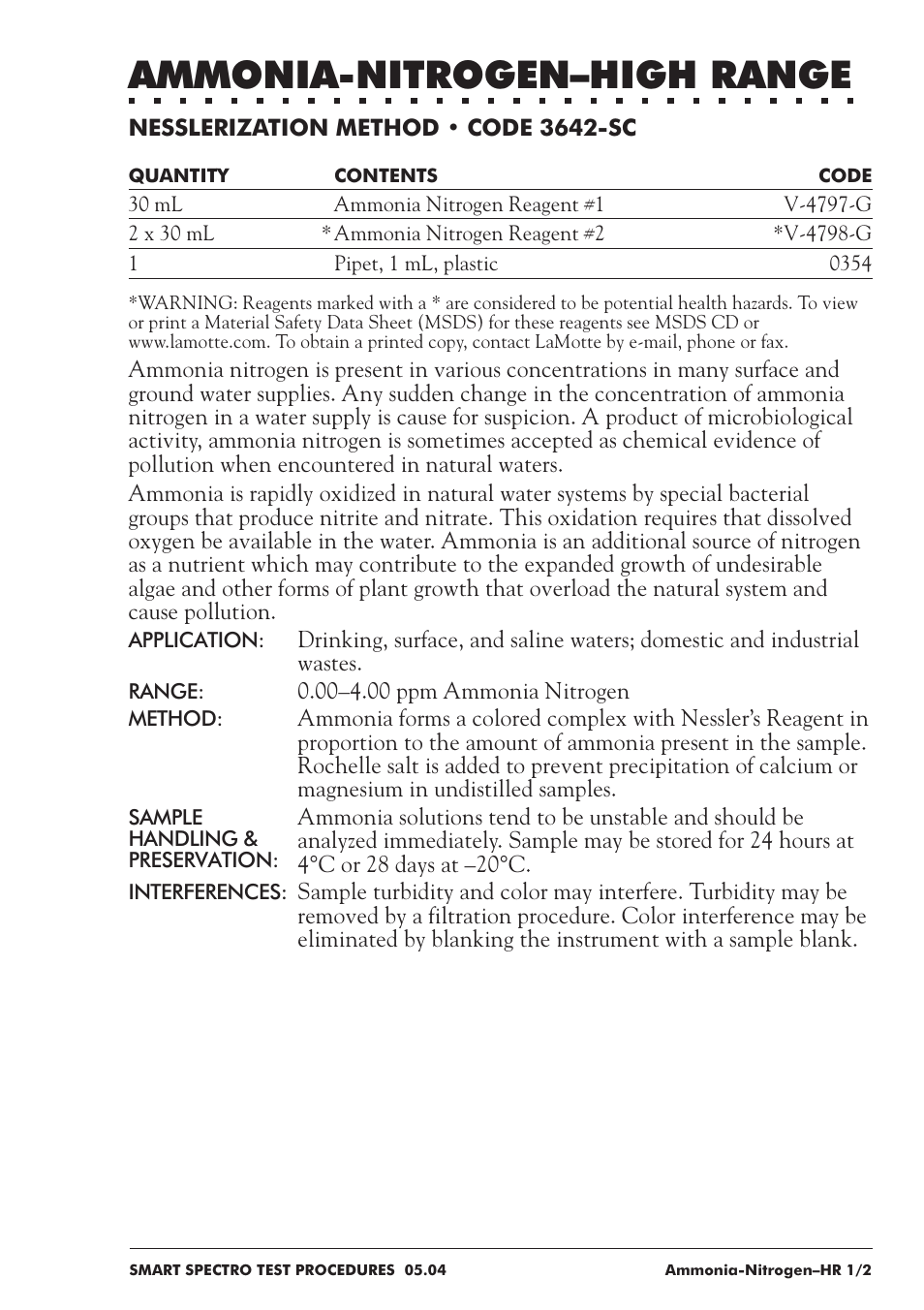 Ammonia-nitrogen–high range | LaMotte SMART Spectro Spectrophotometer User Manual | Page 62 / 237