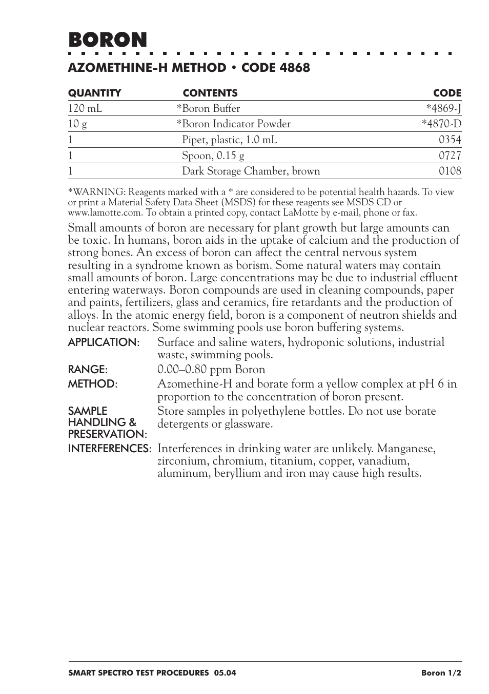 Boron | LaMotte SMART Spectro Spectrophotometer User Manual | Page 66 / 237