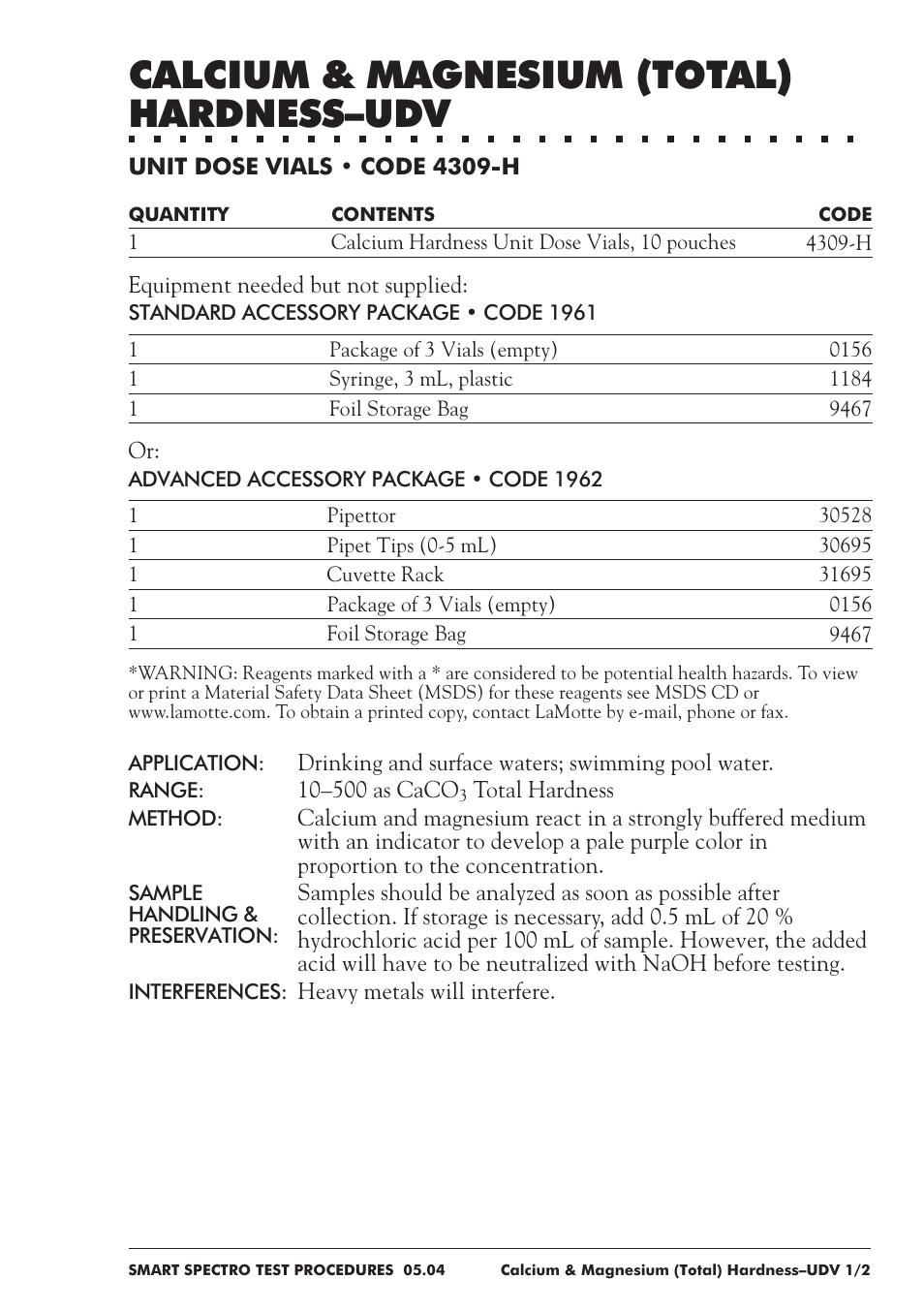 Calcium & magnesium (total) hardness–udv | LaMotte SMART Spectro Spectrophotometer User Manual | Page 70 / 237