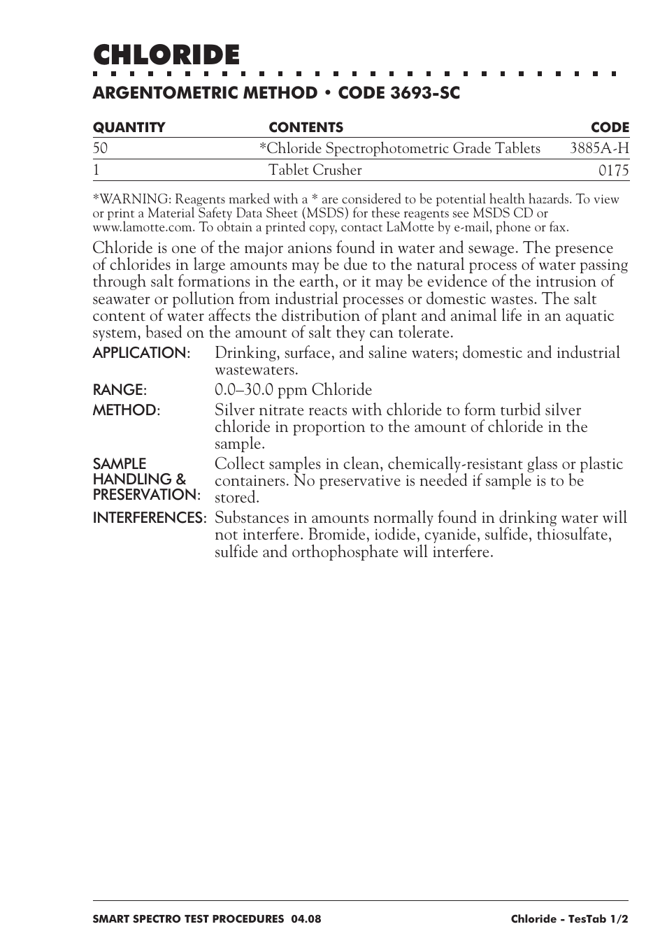 Chloride | LaMotte SMART Spectro Spectrophotometer User Manual | Page 72 / 237