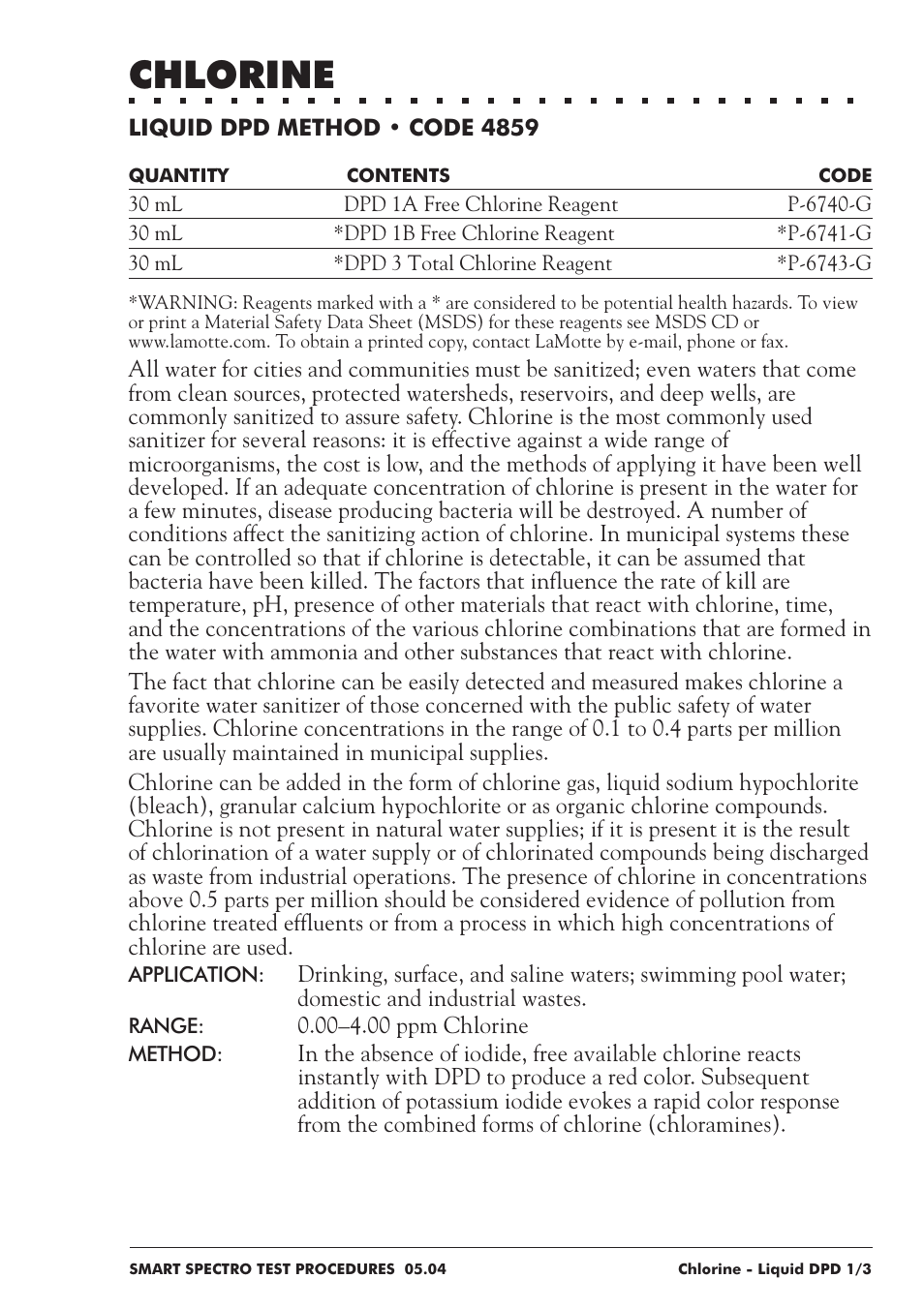 Chlorine | LaMotte SMART Spectro Spectrophotometer User Manual | Page 74 / 237