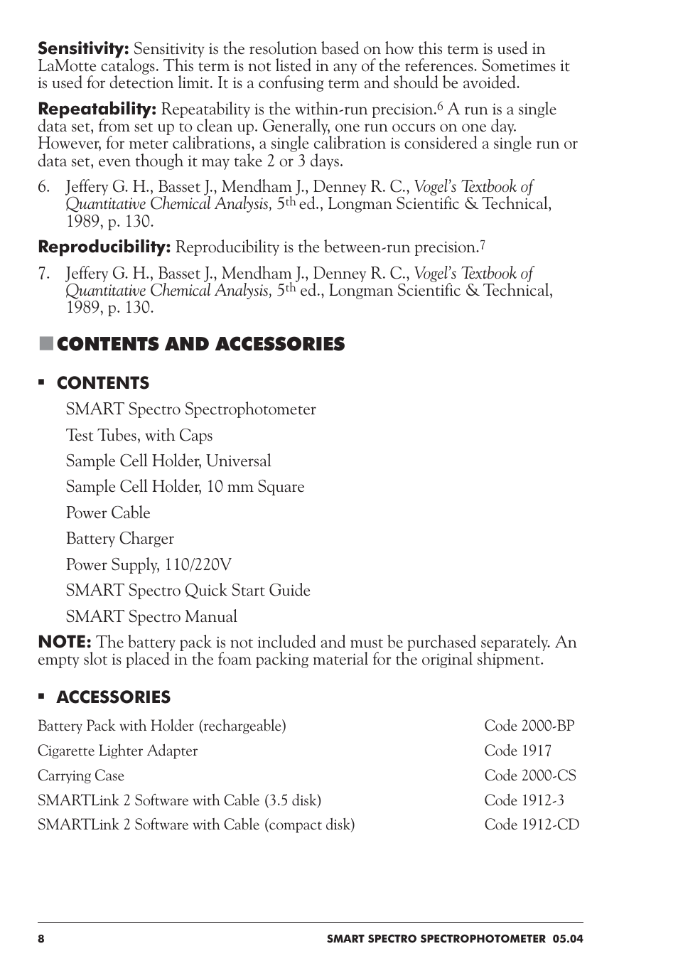 Contents and accessories | LaMotte SMART Spectro Spectrophotometer User Manual | Page 8 / 237