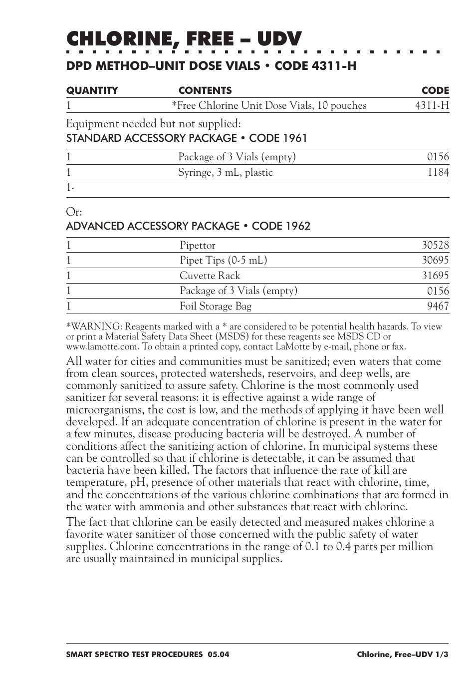 Chlorine, free – udv | LaMotte SMART Spectro Spectrophotometer User Manual | Page 88 / 237