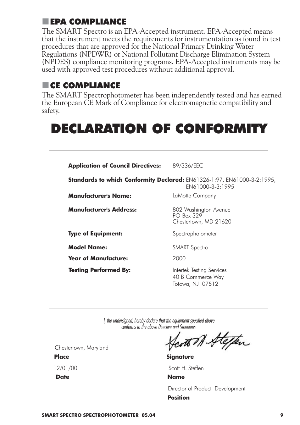 Declaration of conformity, Epa compliance, Ce compliance | LaMotte SMART Spectro Spectrophotometer User Manual | Page 9 / 237