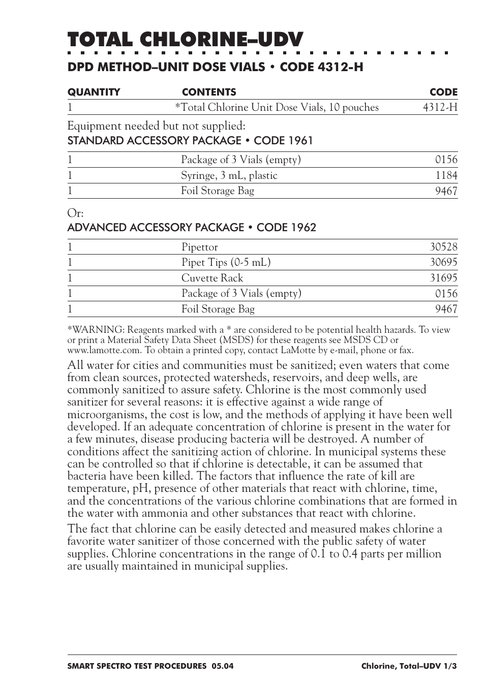 Total chlorine–udv | LaMotte SMART Spectro Spectrophotometer User Manual | Page 92 / 237