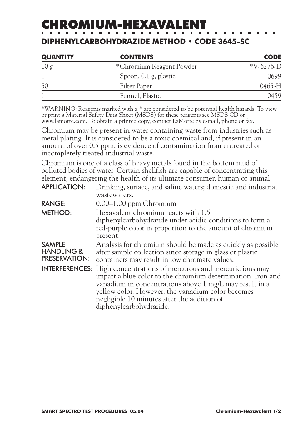 Chromium-hexavalent | LaMotte SMART Spectro Spectrophotometer User Manual | Page 98 / 237