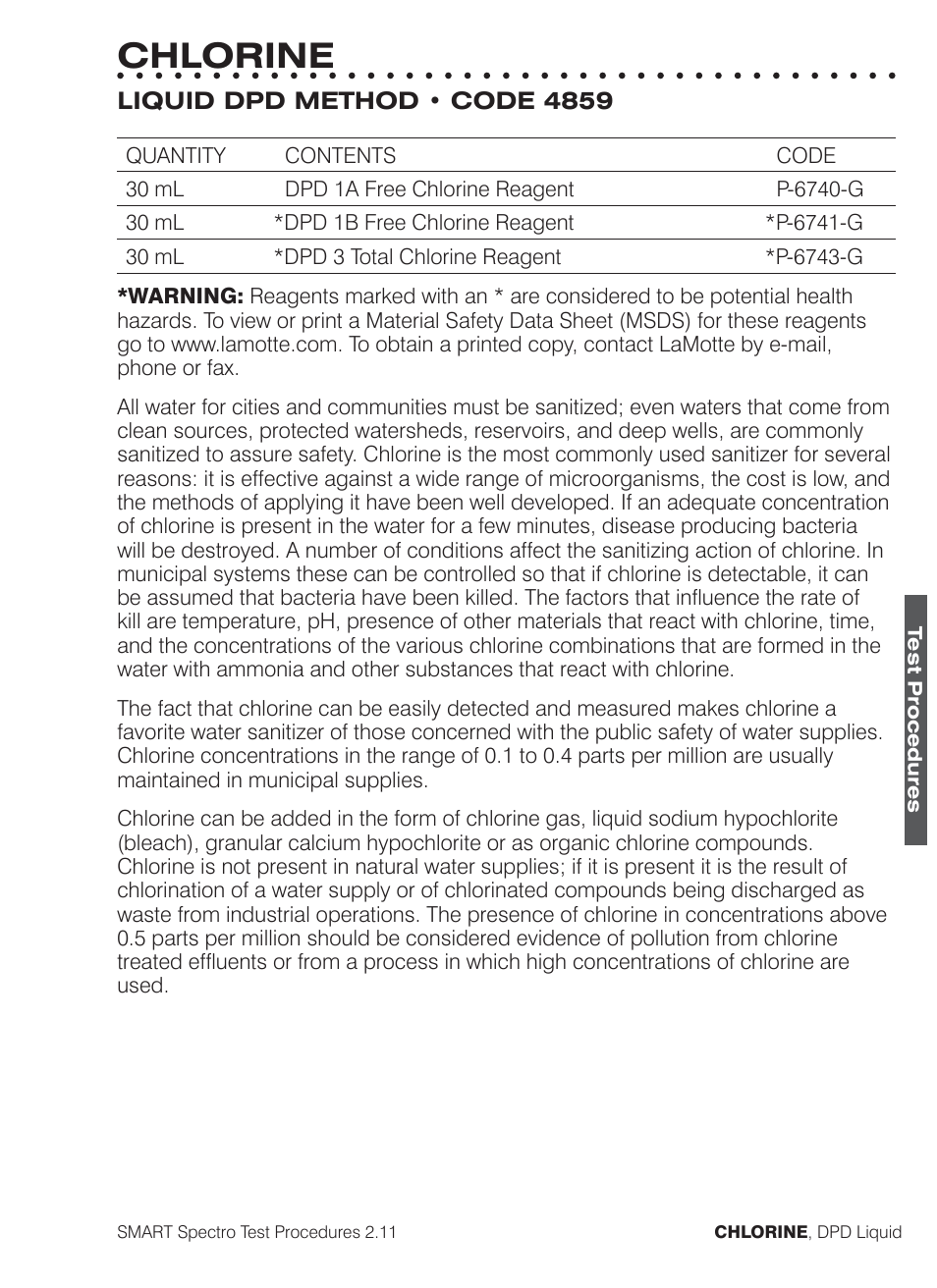 Chlorine | LaMotte SMART Spectro Spectrophotometer User Manual | Page 100 / 261