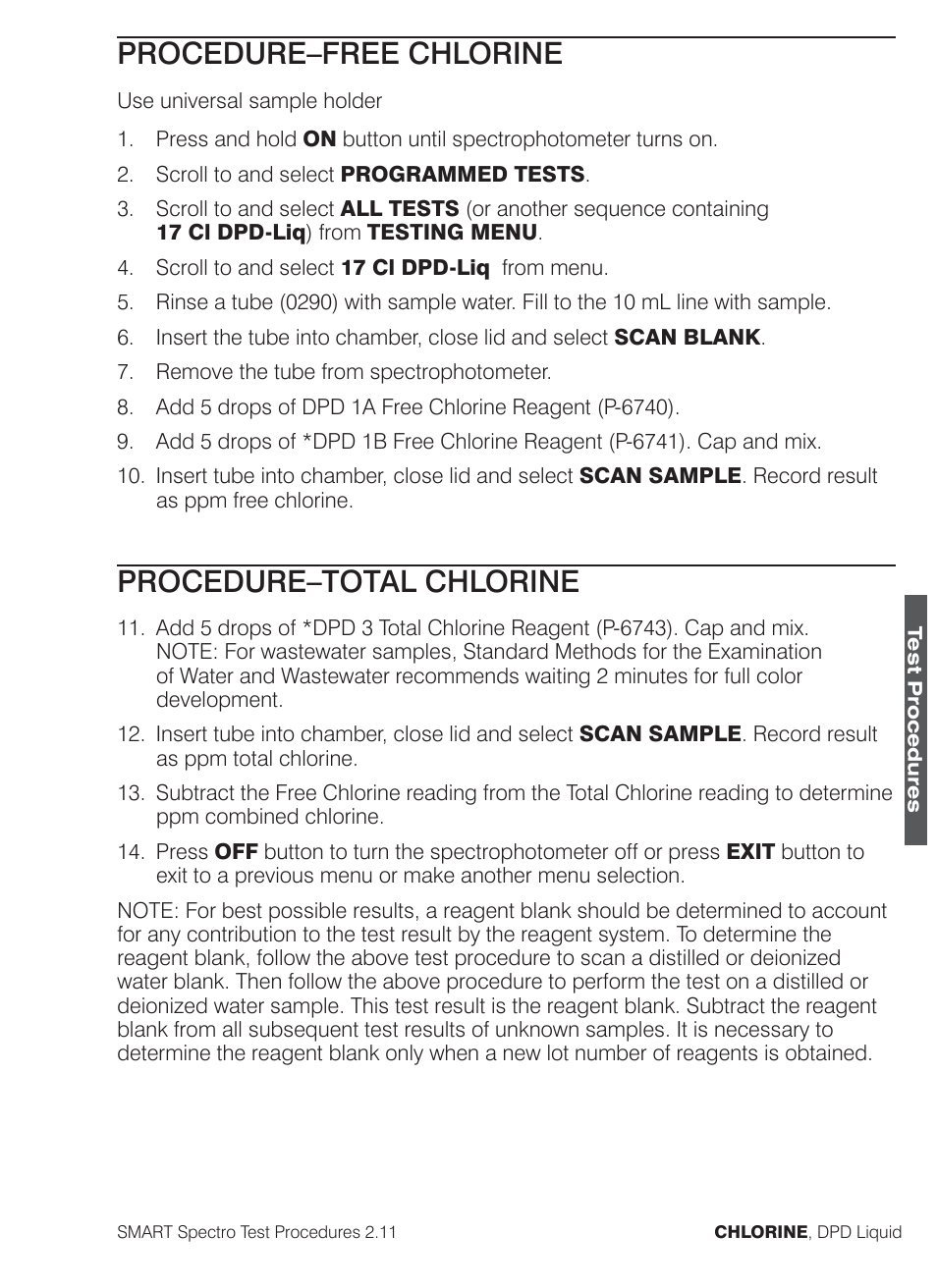 Procedure–free chlorine, Procedure–total chlorine | LaMotte SMART Spectro Spectrophotometer User Manual | Page 102 / 261