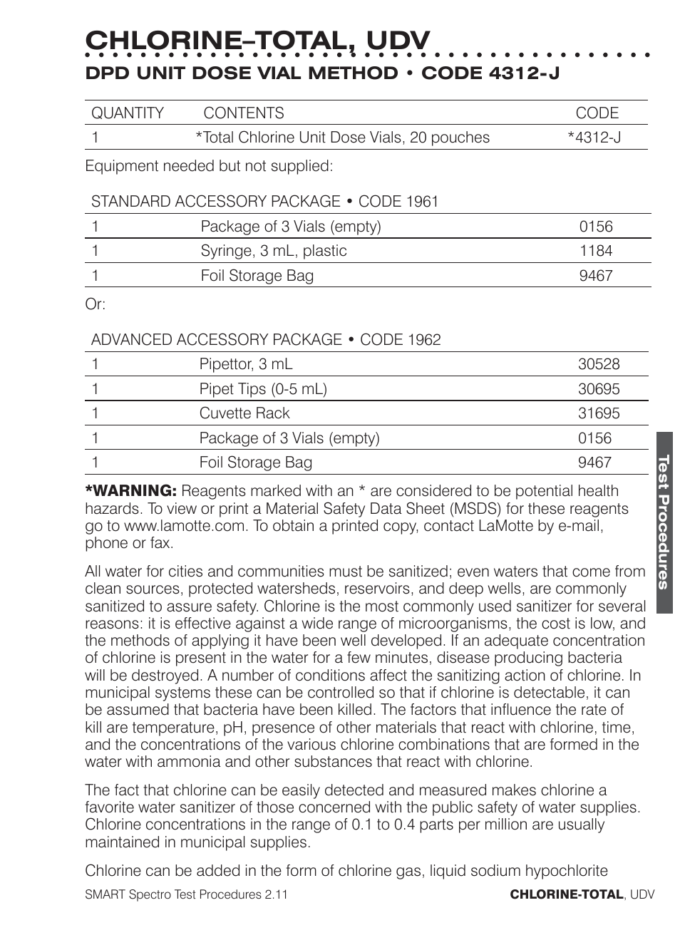 Chlorine–total, udv | LaMotte SMART Spectro Spectrophotometer User Manual | Page 104 / 261