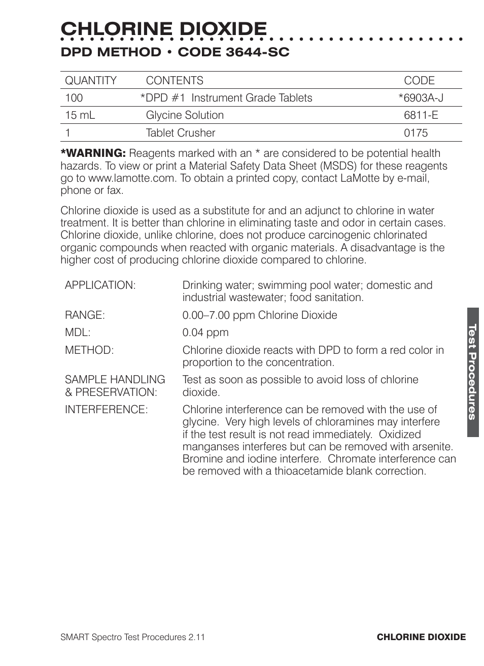Chlorine dioxide | LaMotte SMART Spectro Spectrophotometer User Manual | Page 108 / 261