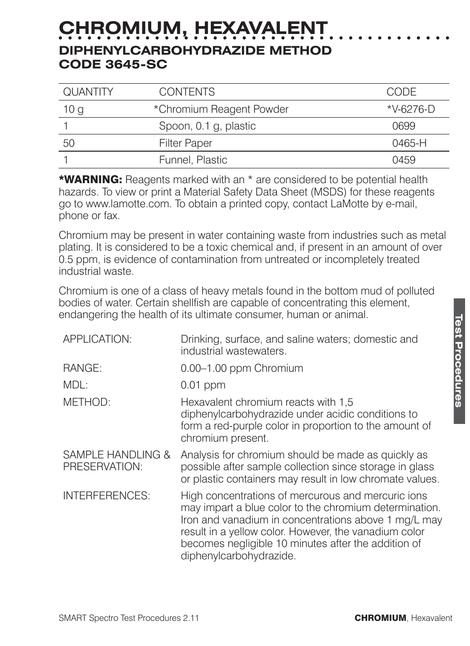 Chromium, hexavalent | LaMotte SMART Spectro Spectrophotometer User Manual | Page 110 / 261