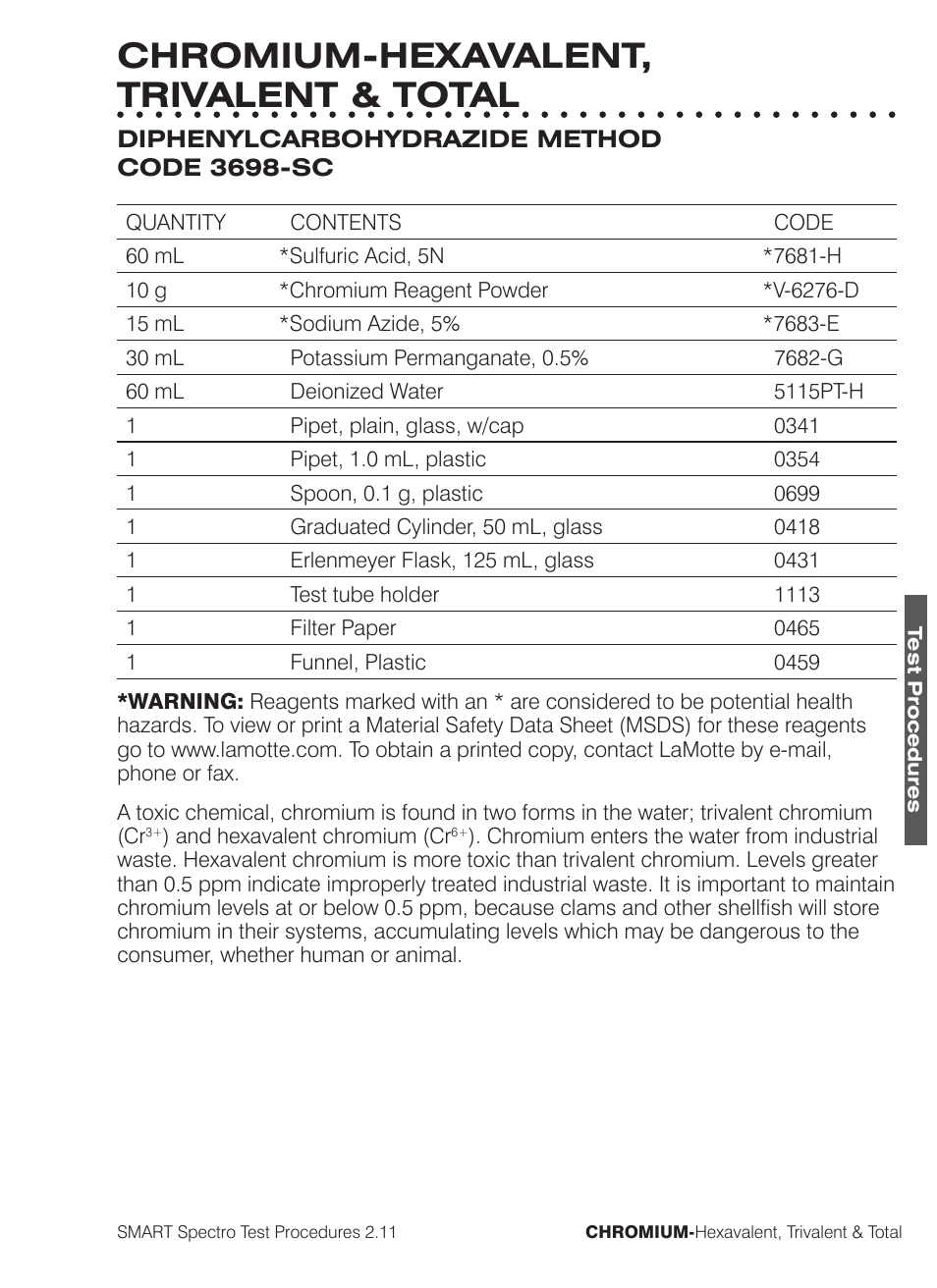 Chromium-hexavalent, trivalent & total | LaMotte SMART Spectro Spectrophotometer User Manual | Page 112 / 261